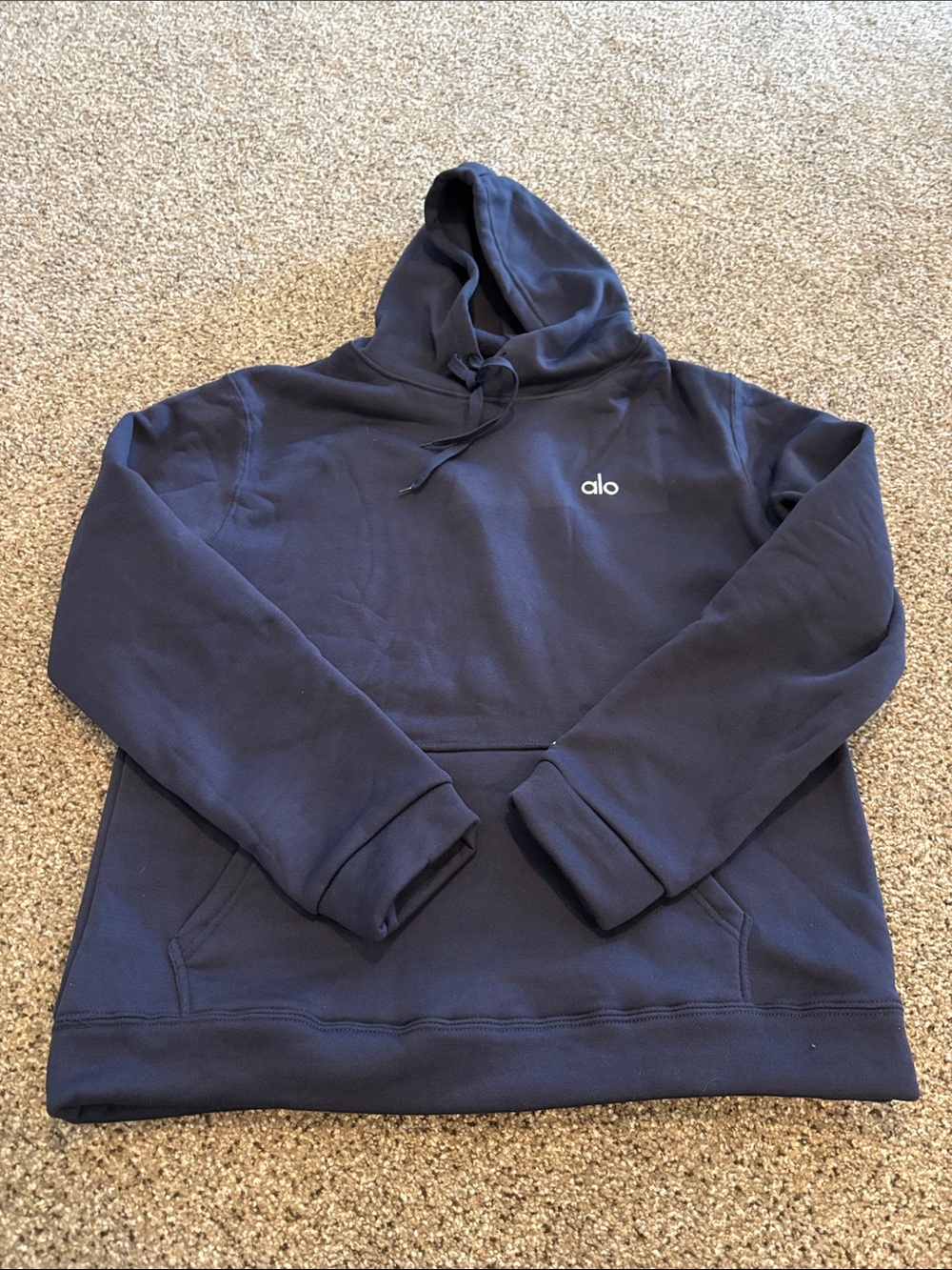 Fake ALO Yoga Men’s Navy Pullover Hoodie with Small White Logo